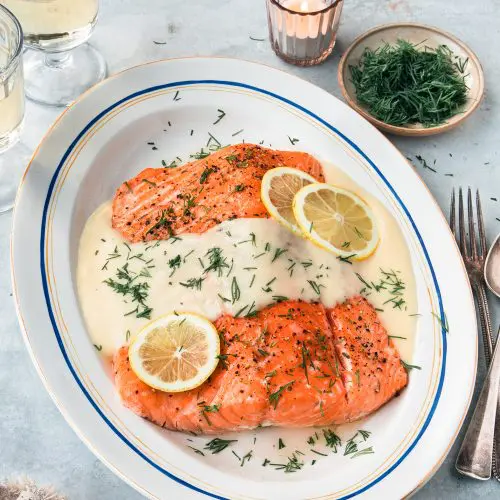 Zalm witte wijn saus